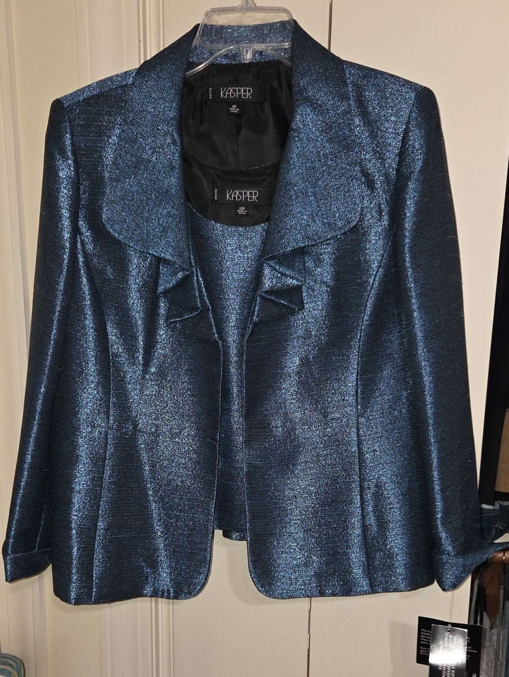 Kasper Metallic Navy Blue Ruffle-Trim Blazer with Shell